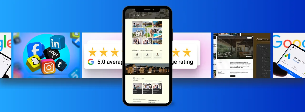 A client website on a phone, ringed by social platforms, a 5.0 Google rating and Google Ads