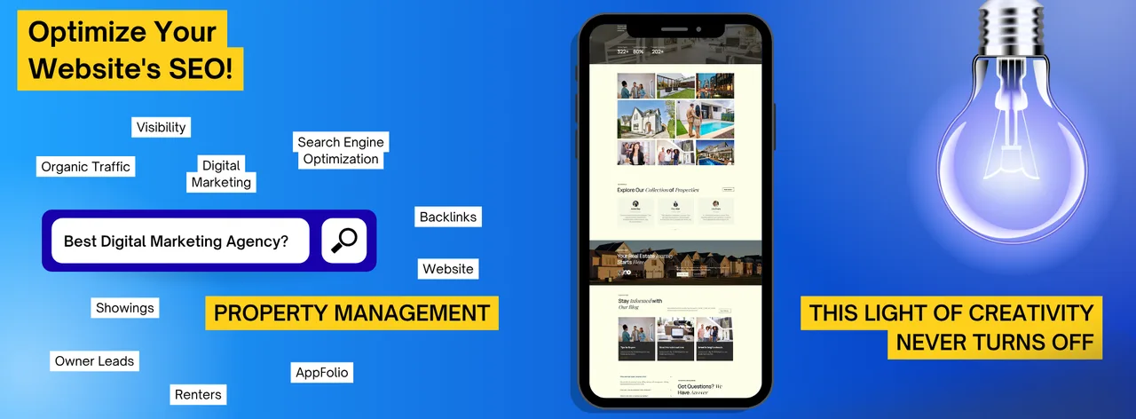 A property management website on a phone, surrounded by the search terms owners and renters use