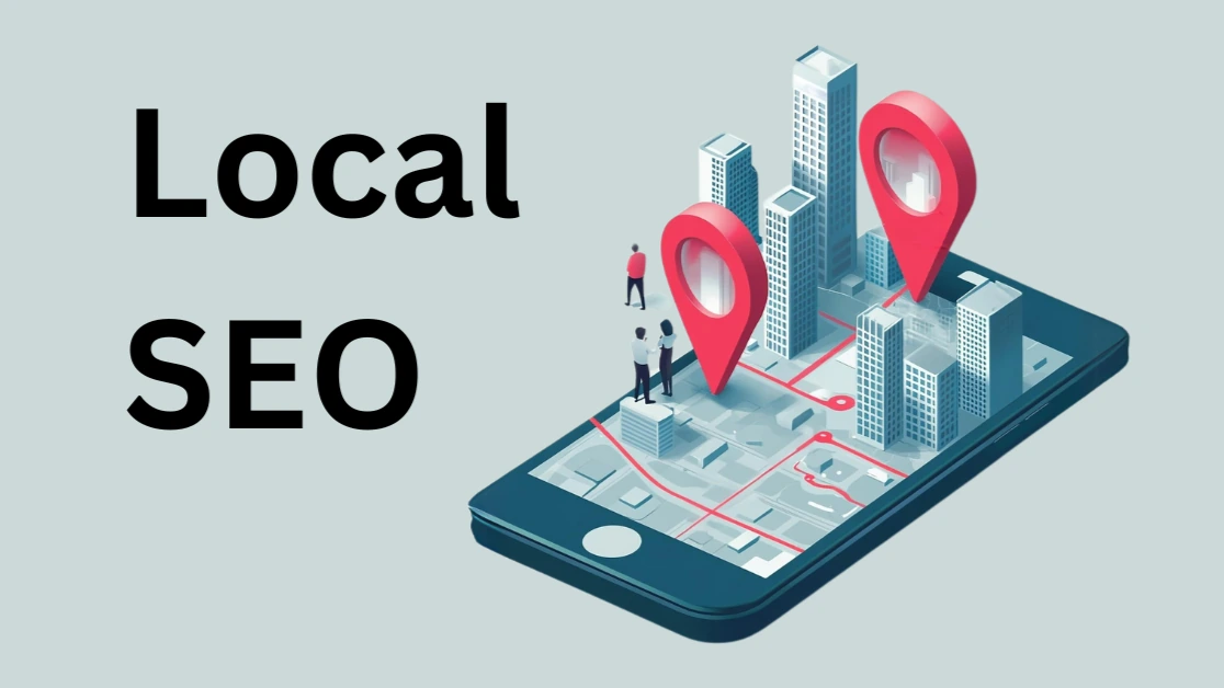 Illustration of a smartphone displaying a city map with red location pins for Local SEO and nearby buildings.