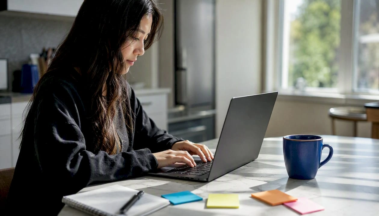Hands typing on laptop setting up ads