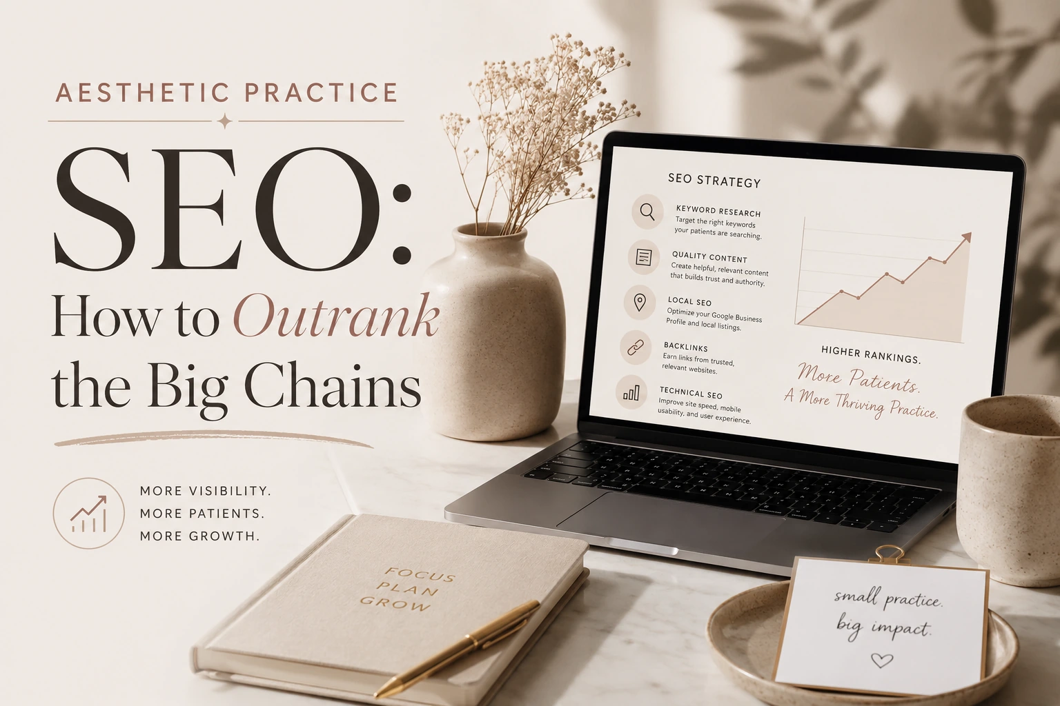 Hero image for an SEO article: large 'SEO' title with 'How to Outrank the Big Chains' on a beige desk, a laptop showing a strategy chart beside a vase and notebook.