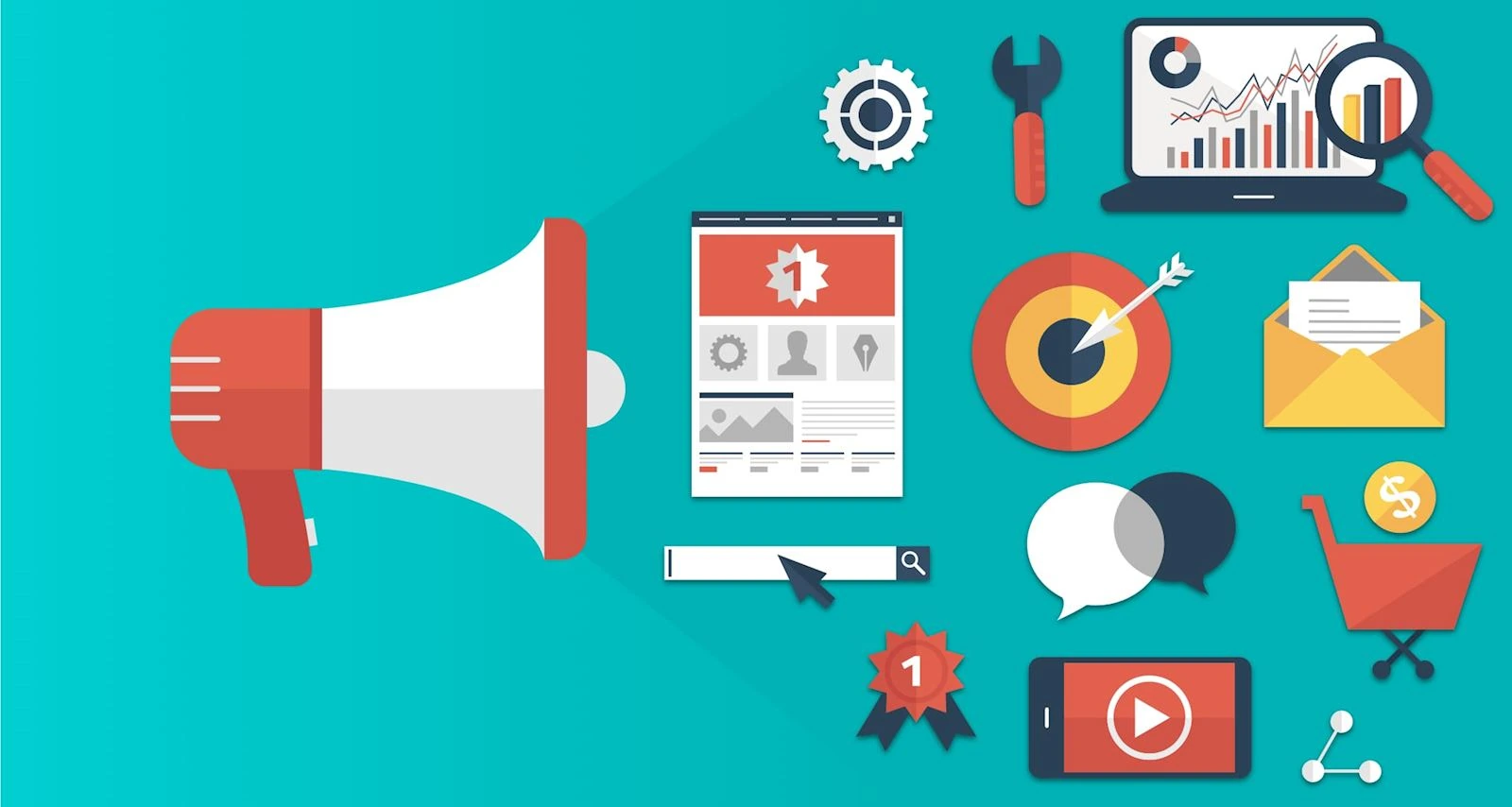 Megaphone with marketing icons: search bar, laptop charts, target, envelope, chats, and mobile video on teal background