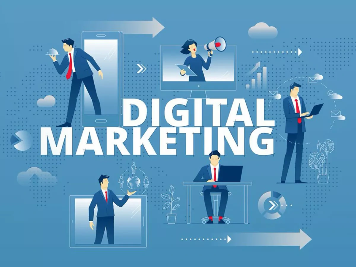 Blue illustration of businesspeople and screens around the large text 'DIGITAL MARKETING' on a blue background, depicting digital marketing concepts.