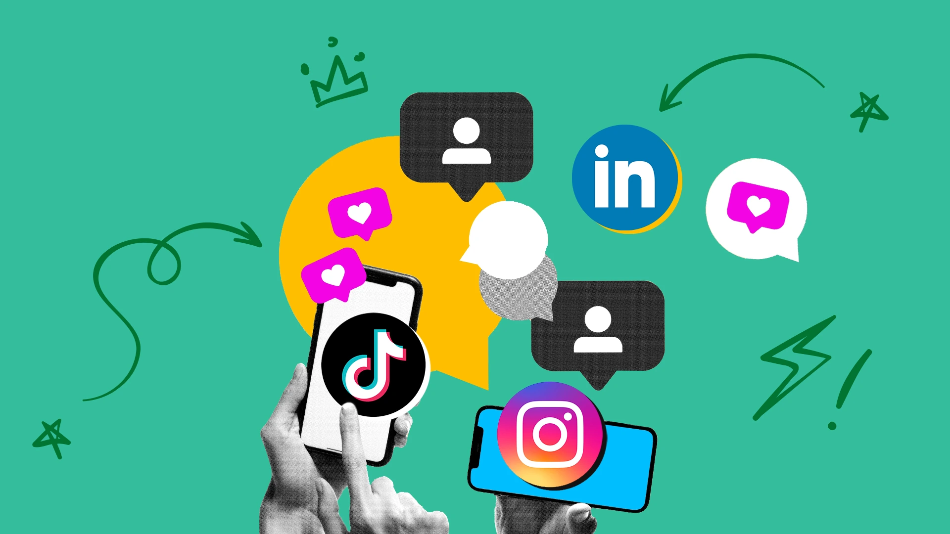 Hands hold smartphones with social icons (TikTok, Instagram, LinkedIn) and chat bubbles on a teal background, conveying online engagement.