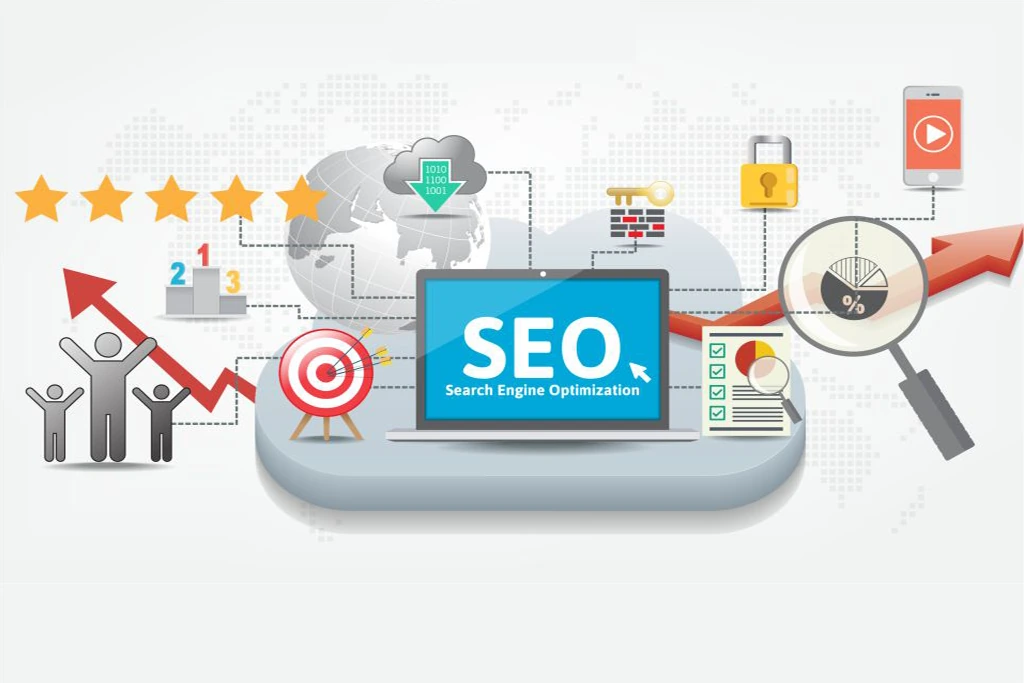 Overview of SEO and digital marketing: laptop displaying 'SEO' with global connectivity icons, a rising arrow, and search-related graphics emphasizing optimization and growth.