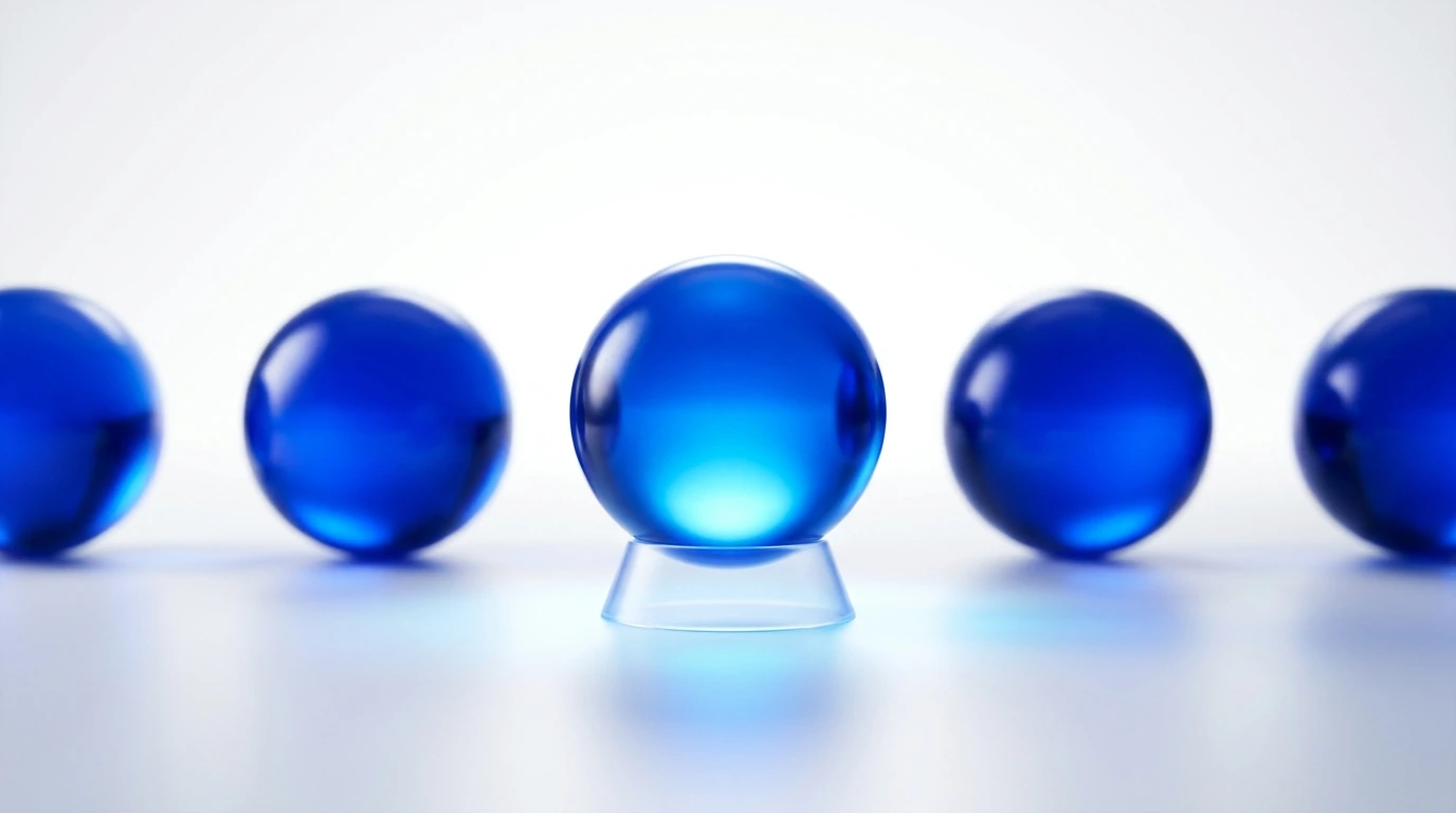 Blue glass marble centered on a small clear stand with other blue marbles blurred in the background.