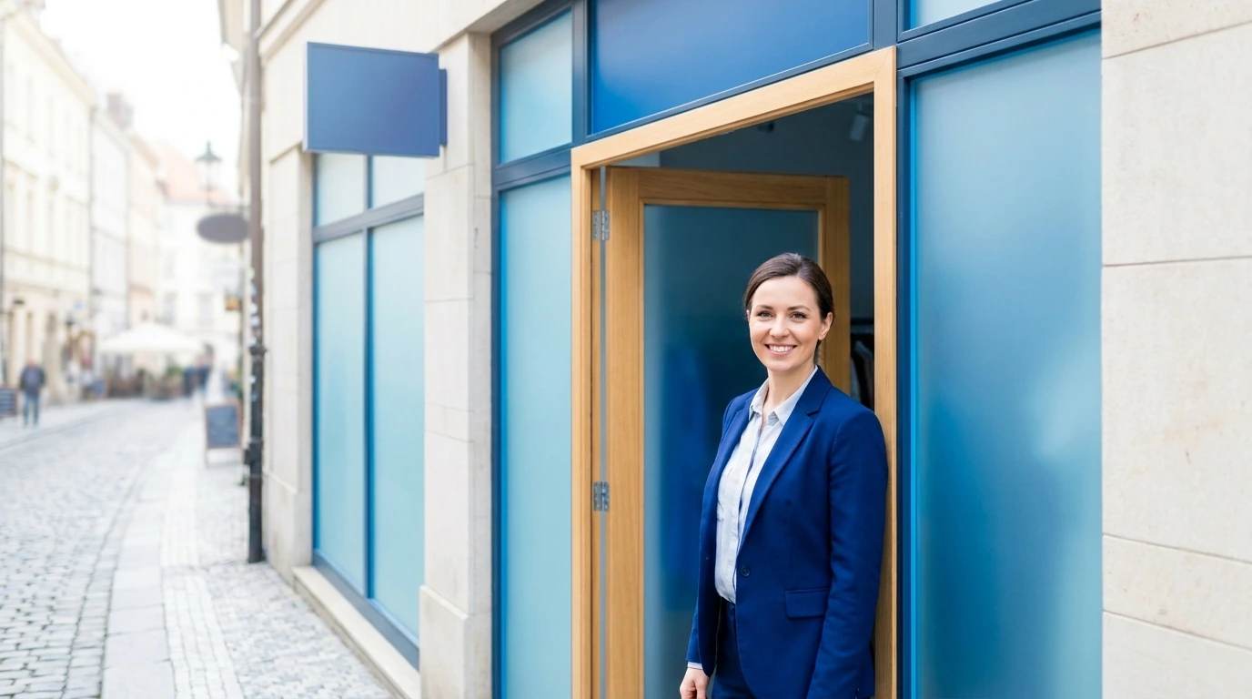 Smiling woman in a blue blazer standing in the doorway of a blue storefront on a cobblestone street.