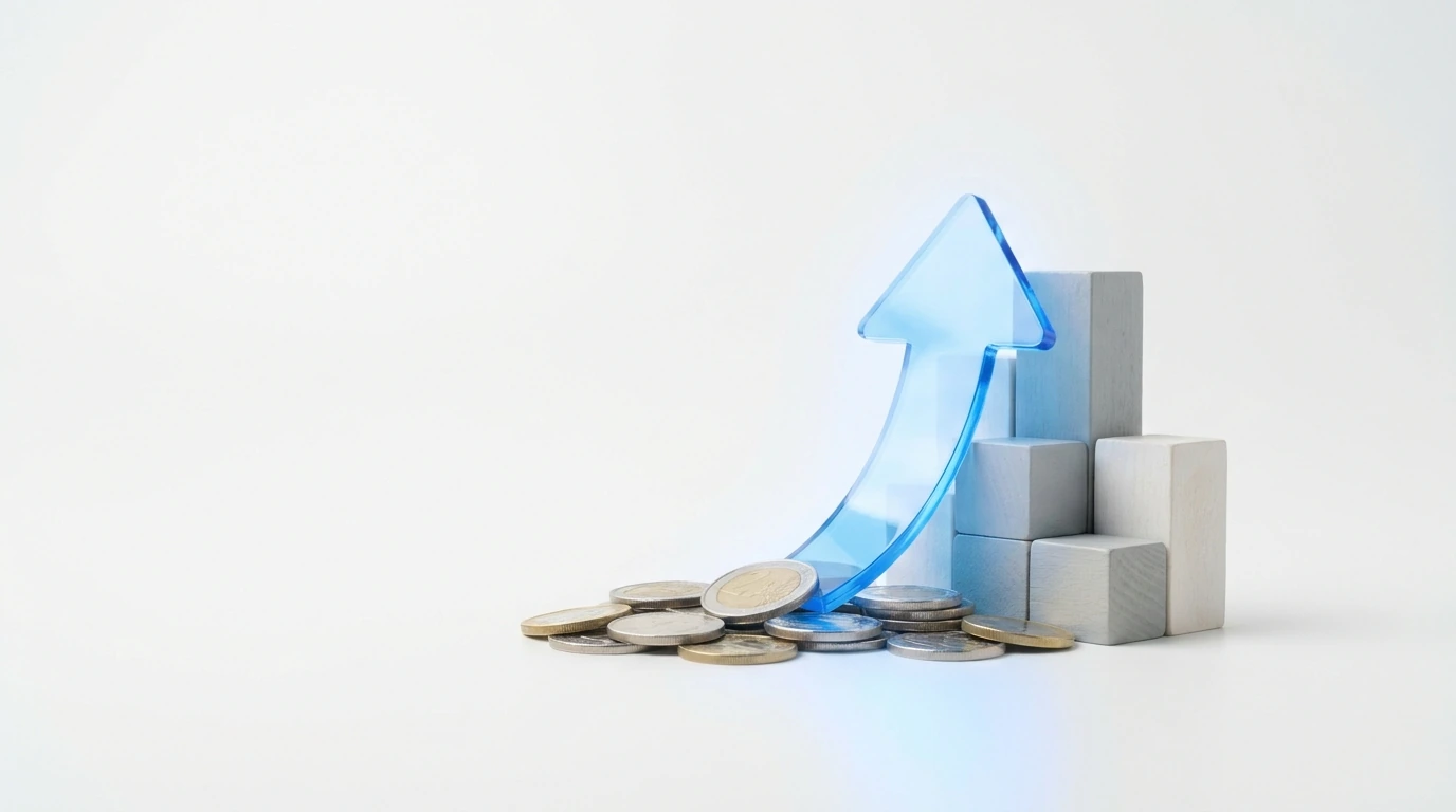 Blue upward arrow rising beside light wooden blocks and scattered coins, symbolizing financial growth or progress.