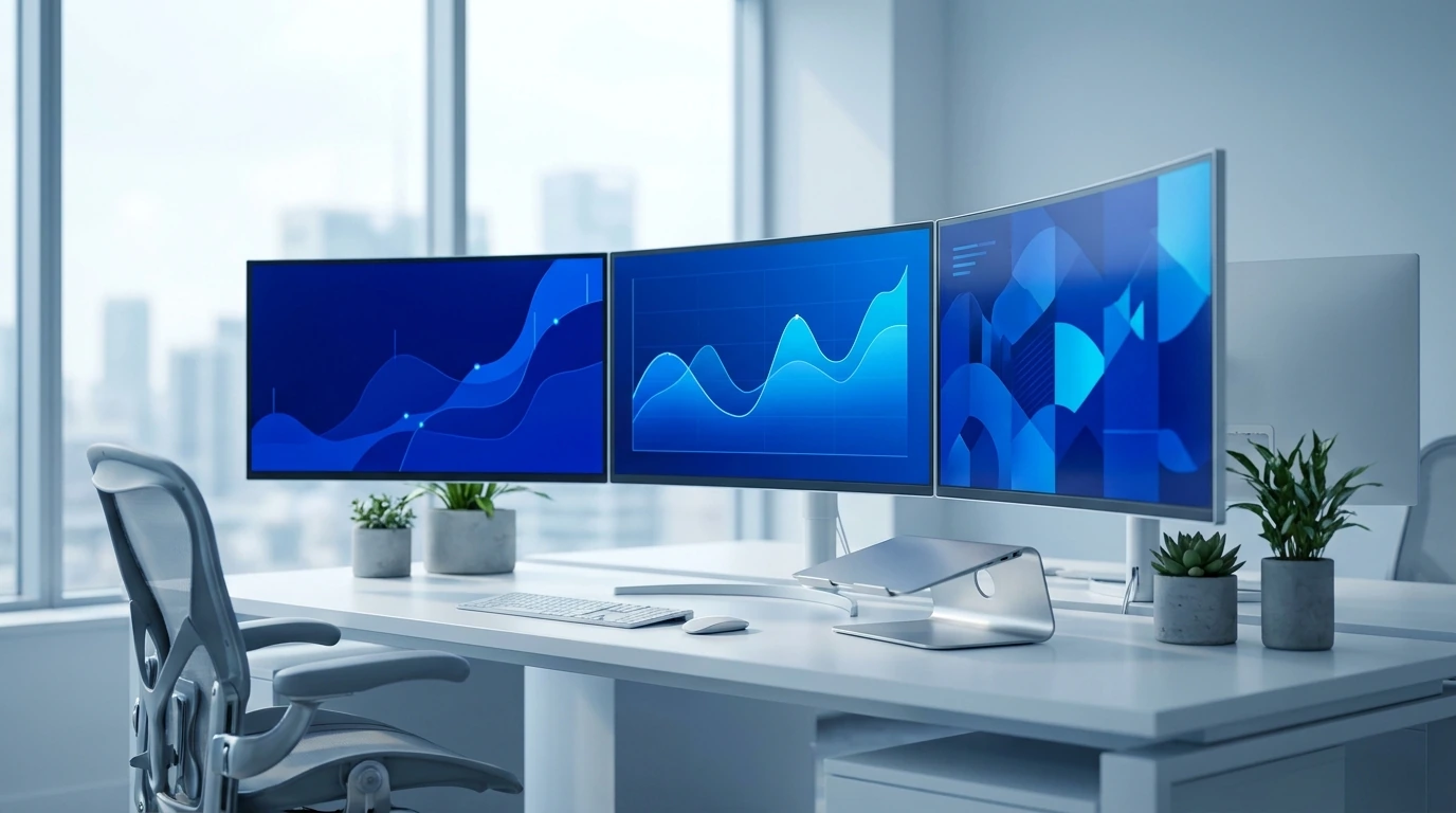 Modern office desk with three curved monitors displaying blue graphs, a white keyboard and plants by a large window.