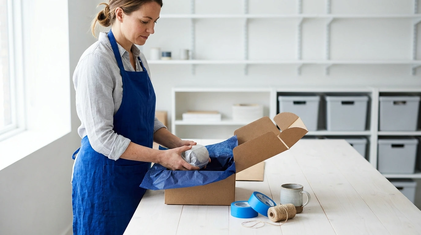 Woman in a blue apron packs a gift box with blue tissue paper on a light worktable.