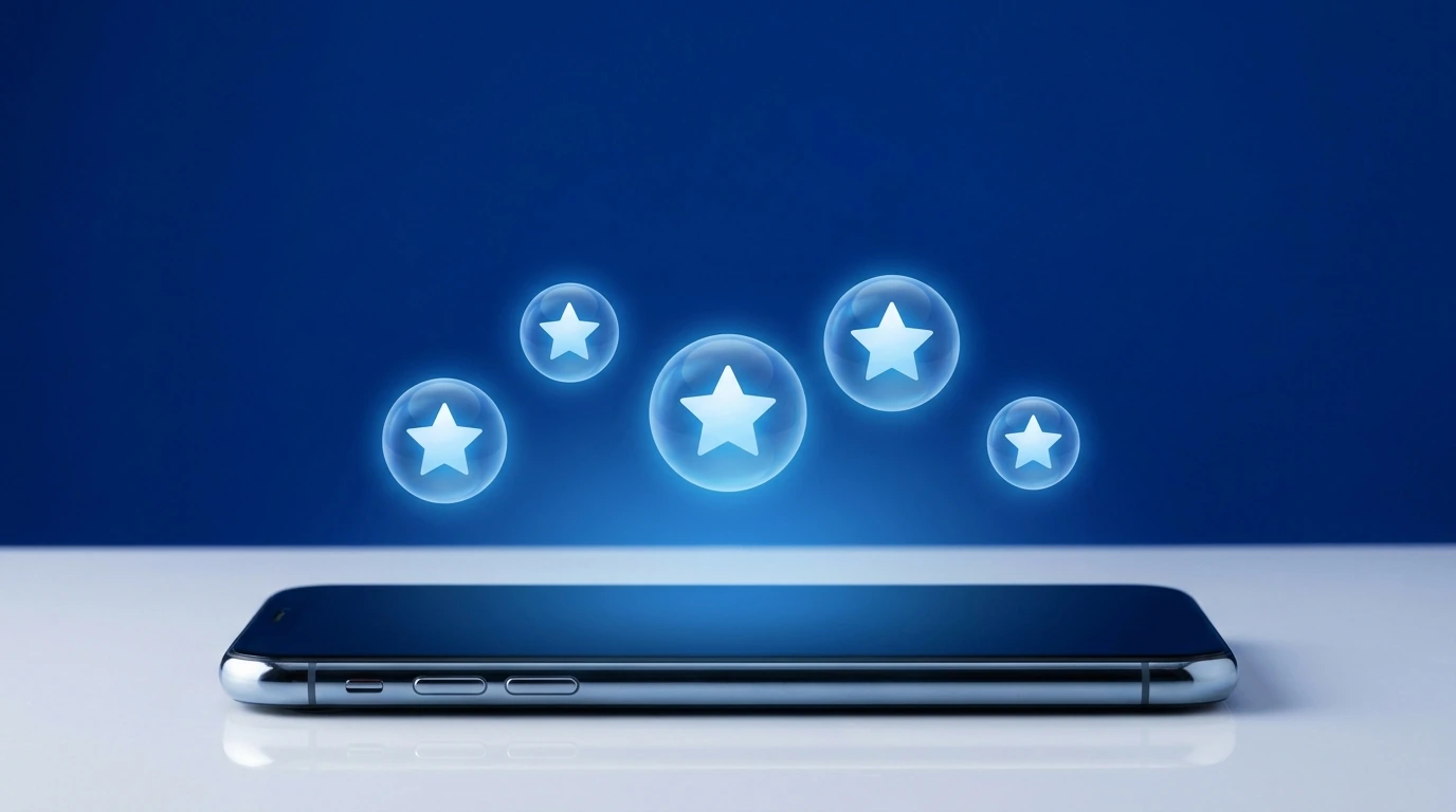 A smartphone showing glowing five-star review bubbles representing getting more Google reviews