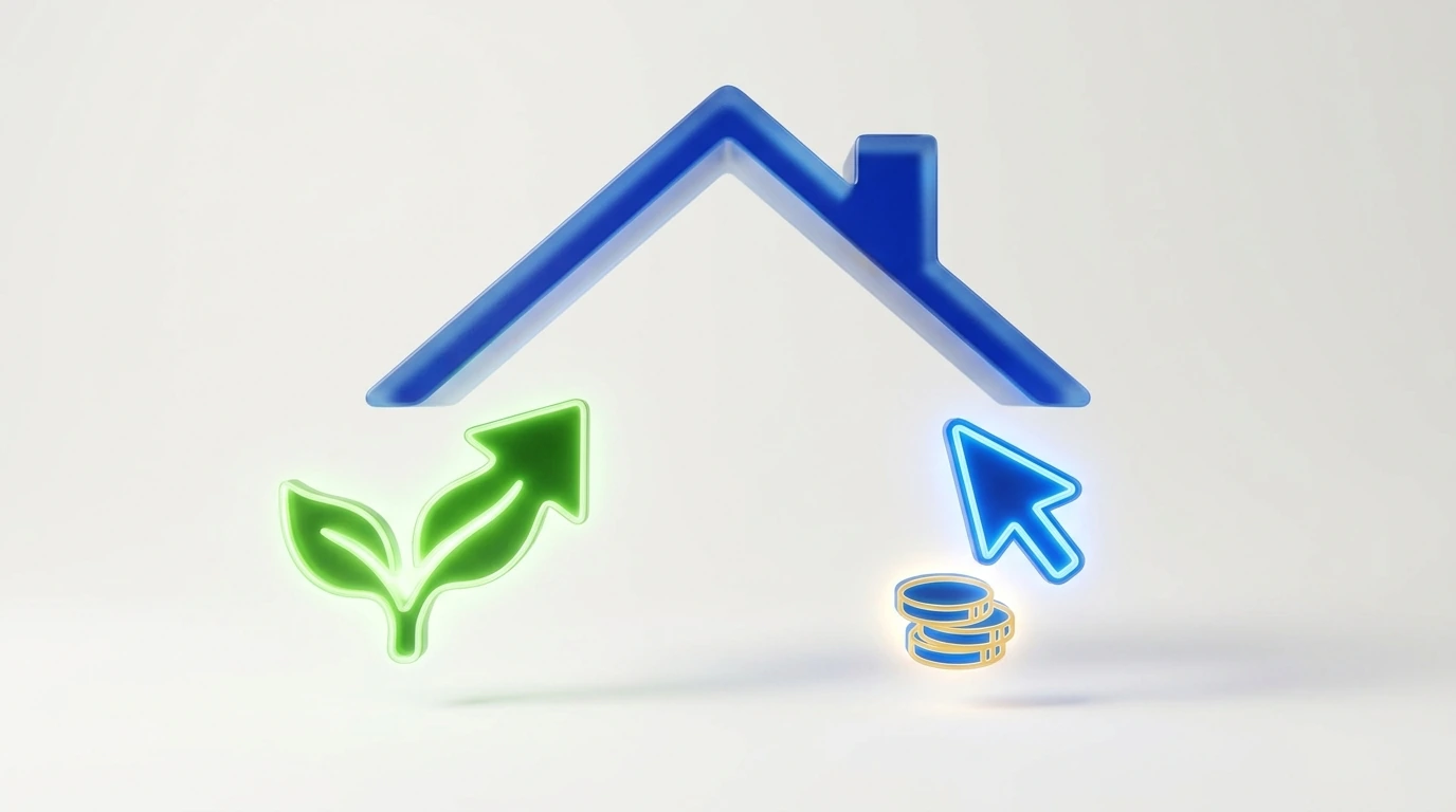 A roof with an organic growth arrow and a paid click cursor representing Google Ads vs SEO for roofers