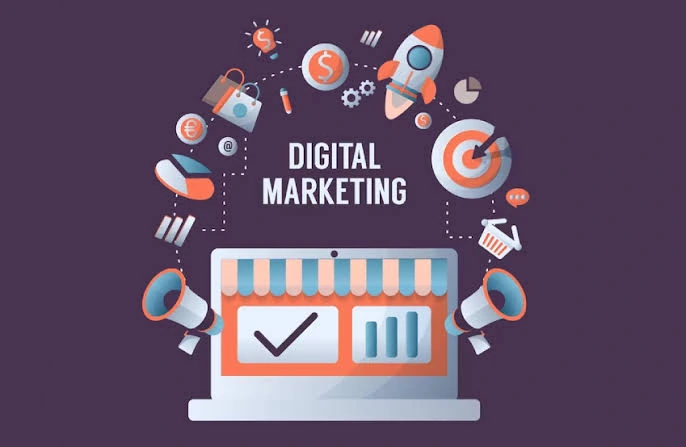 Digital marketing concept with a laptop storefront and floating icons around it on a purple background