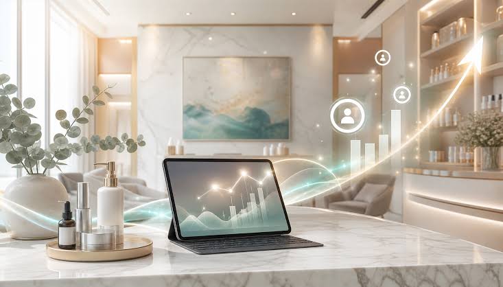 Tablet on a marble kitchen island displays data graphs with holographic lines in a bright modern living space.