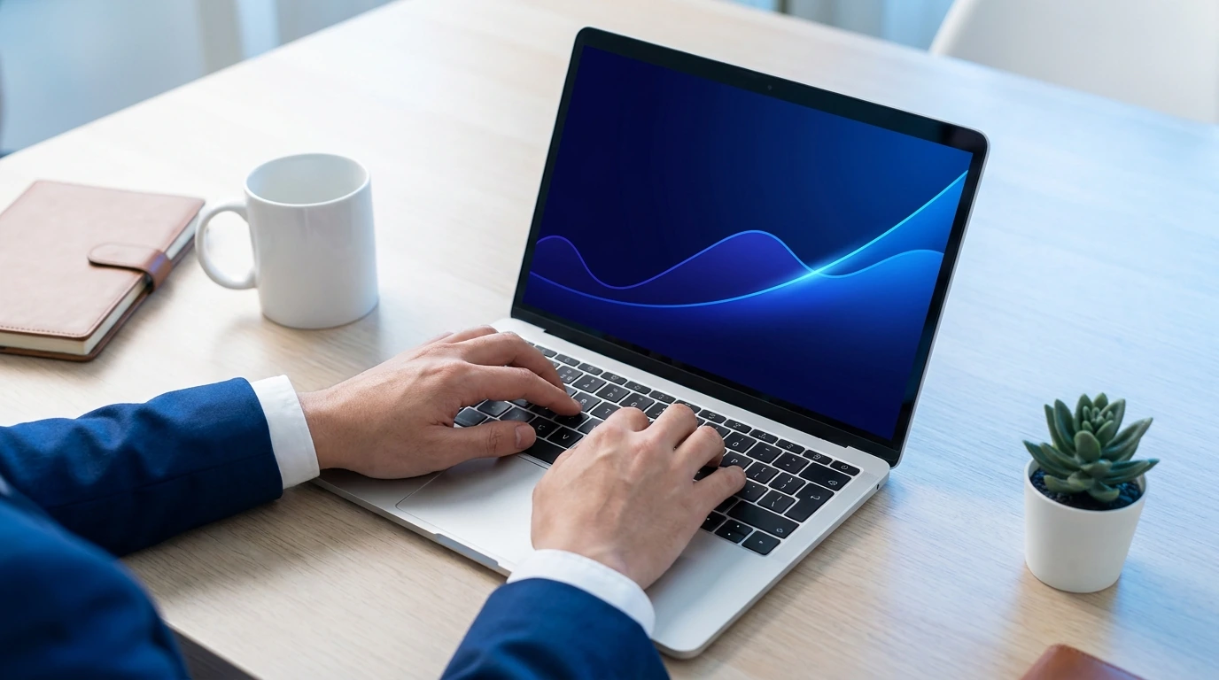 Person in a blue suit types on a silver laptop at a light wood desk, with a mug, notebook, and small succulent nearby.