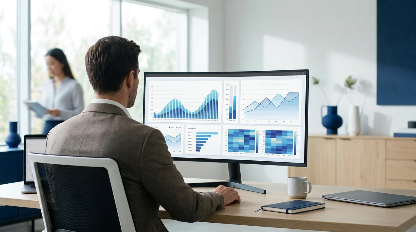 Man in a suit sits at a desk looking at a multi-chart dashboard on a large monitor in a bright office.