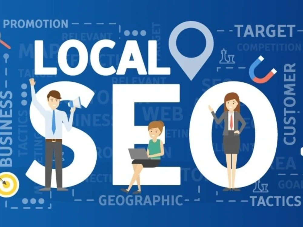 Illustration promoting Local SEO with large 'LOCAL SEO' text and professionals around the letters on a blue background.