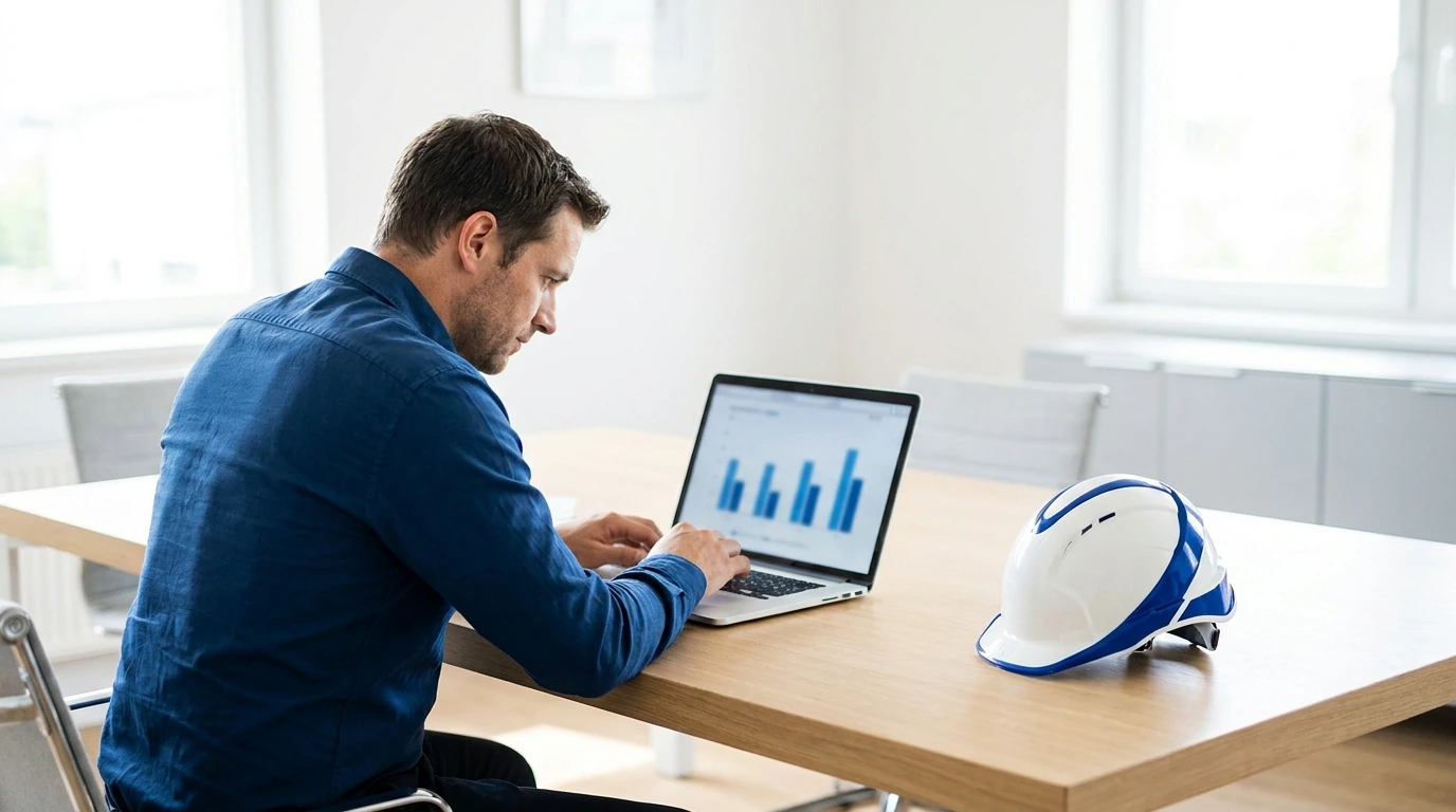 Roofing business owner reviewing a marketing budget on a laptop with a hard hat on the desk