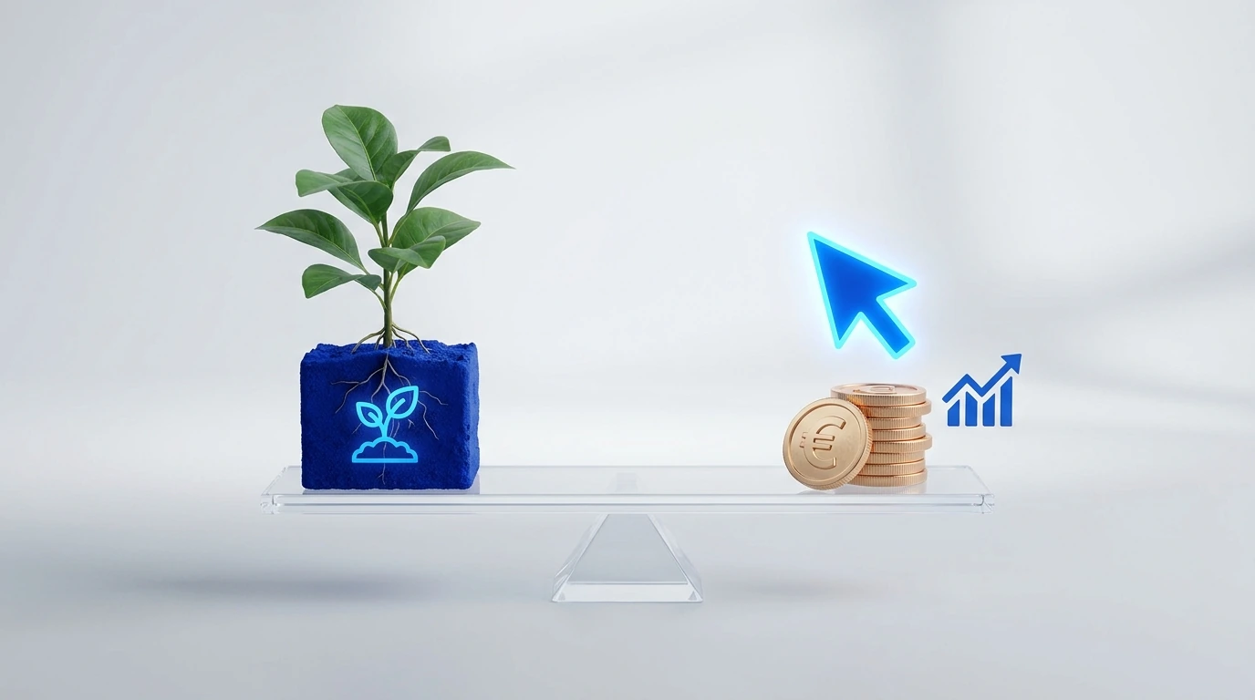 Balance scale with a plant representing organic SEO and coins with a click cursor representing paid PPC