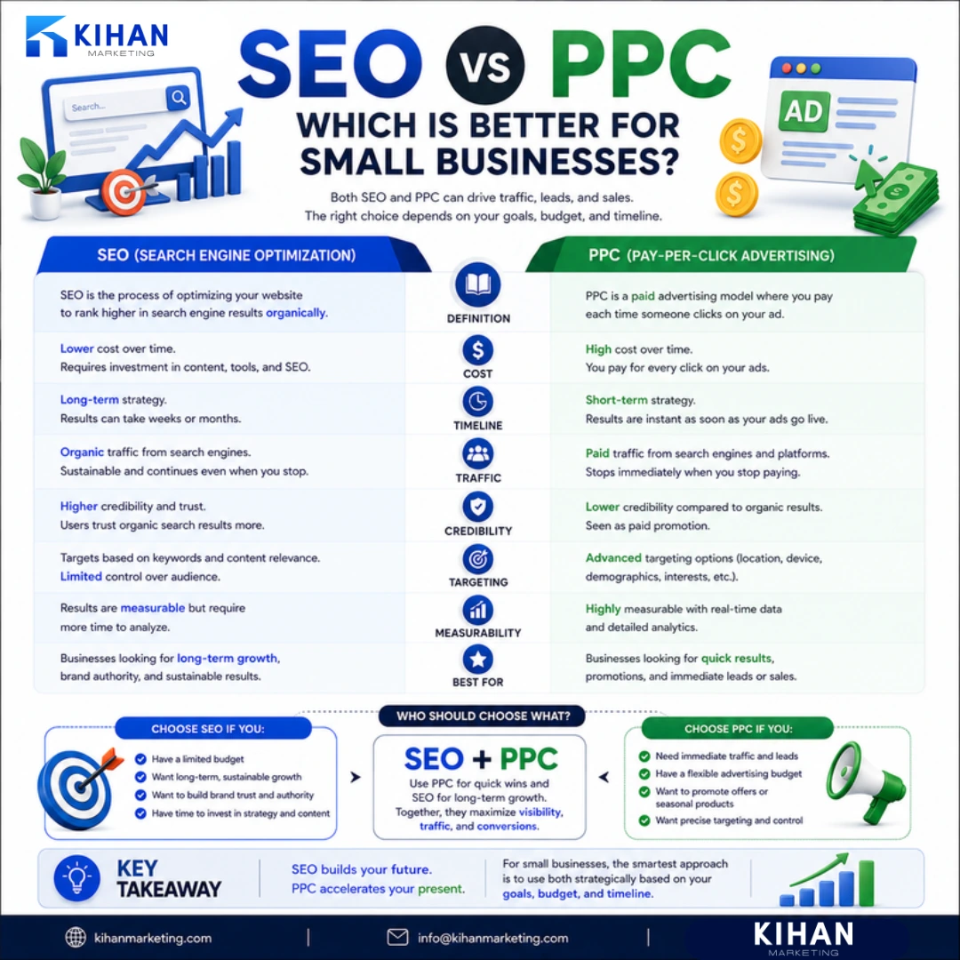 SEO vs PPC: Which Is Better for Small Businesses? infographic by Kihan Marketing