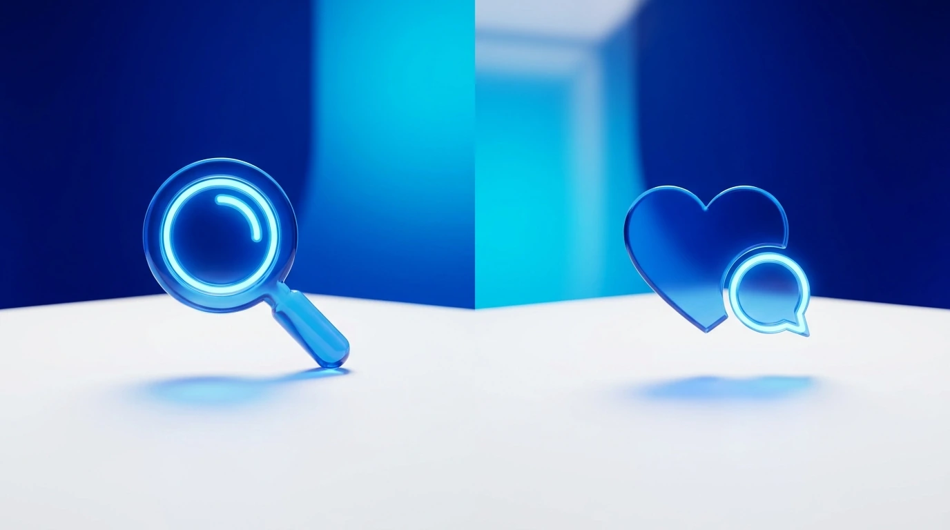 Balance of a magnifying glass for SEO and a heart and chat bubble for social media marketing