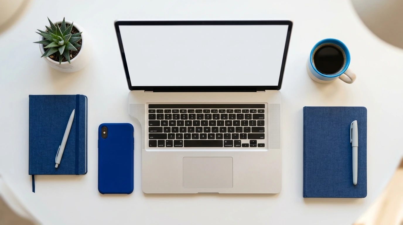 Top-down view of a workspace: laptop center, blue notebooks left and right, blue phone, plant, and coffee mug.
