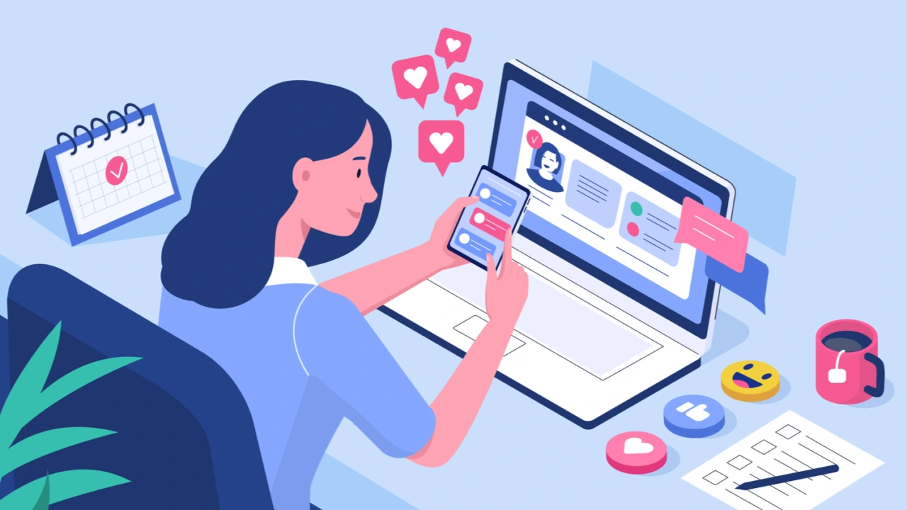Woman using a laptop and smartphone to manage social media, with likes and chat icons around her on the desk scene.