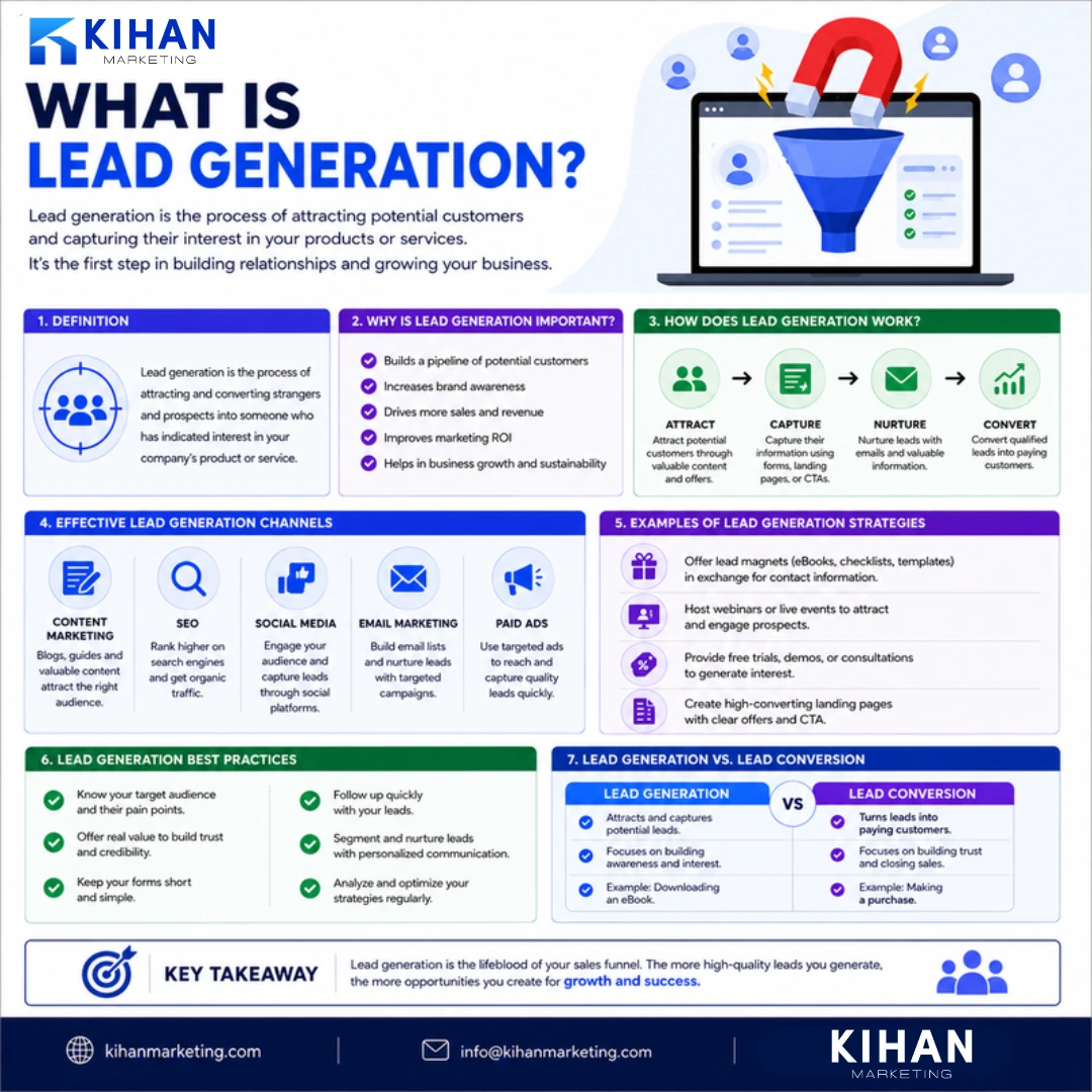 What Is Lead Generation? How It Works for Service Businesses infographic by Kihan Marketing