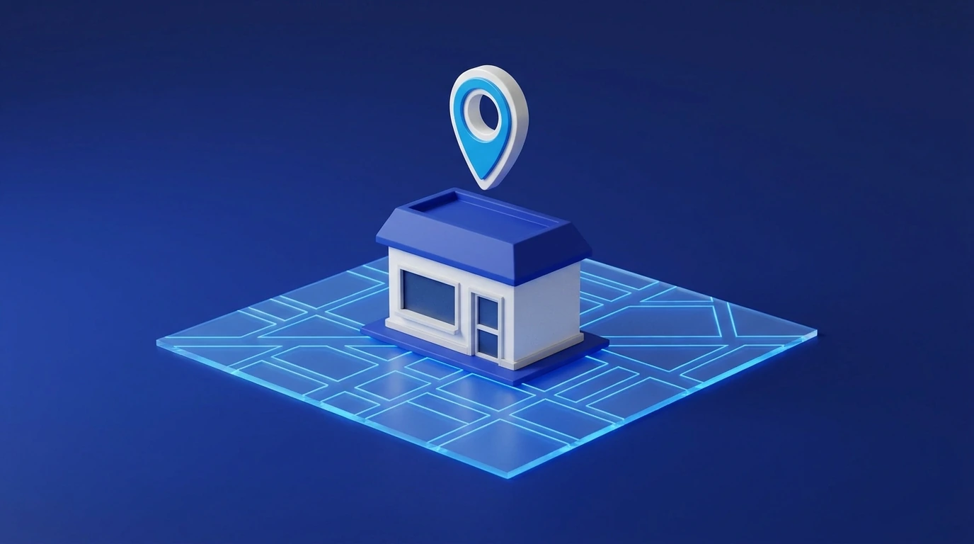 A local shop on a glowing map with a location pin representing local SEO