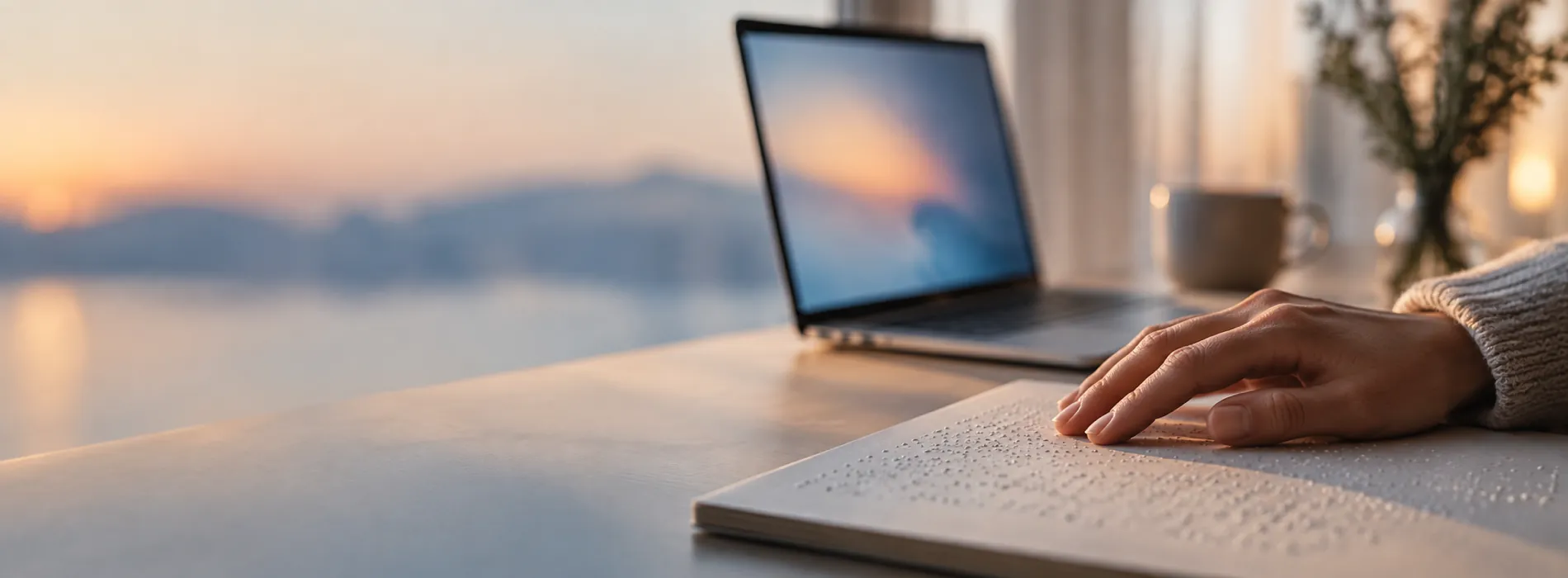 A hand reading a braille page beside an open laptop in soft window light