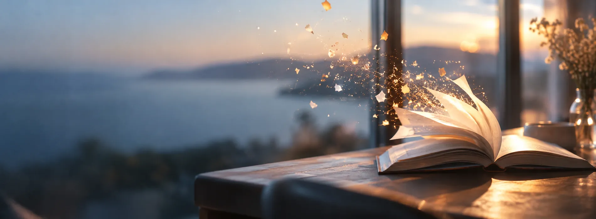 An open book on a table by a window, its pages dissolving into floating sparks of light