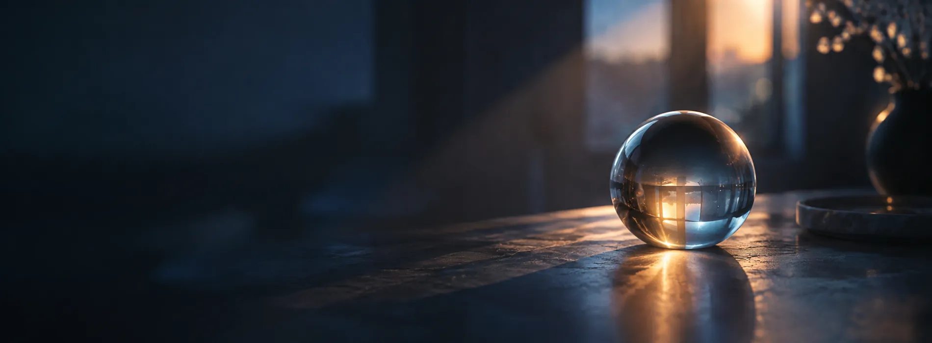 A clear glass sphere on a dark table catching a single beam of window light