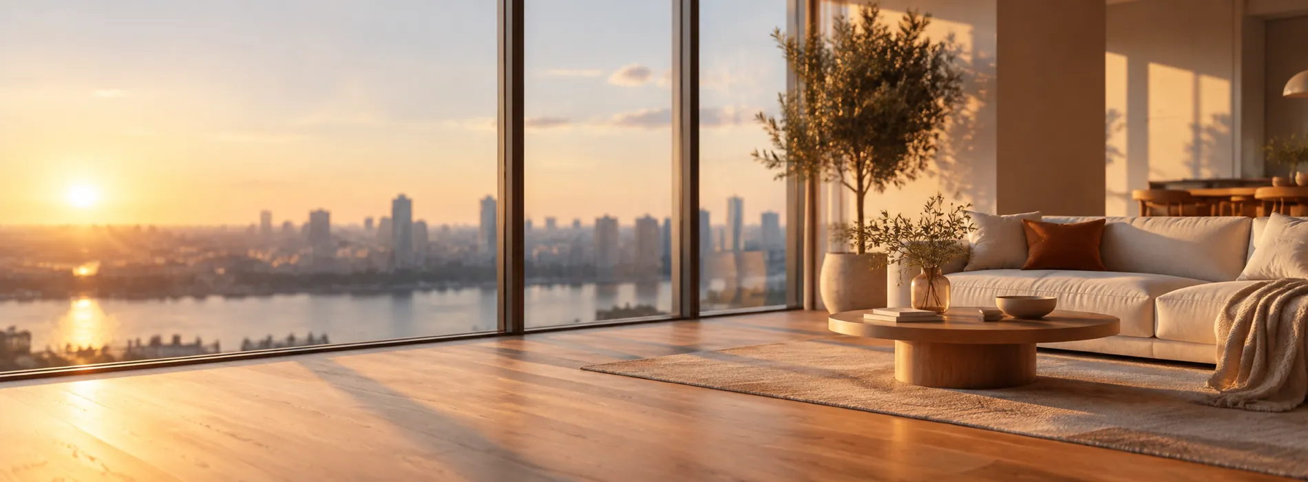 A bright apartment living room with floor-to-ceiling windows over a city and river at sunset