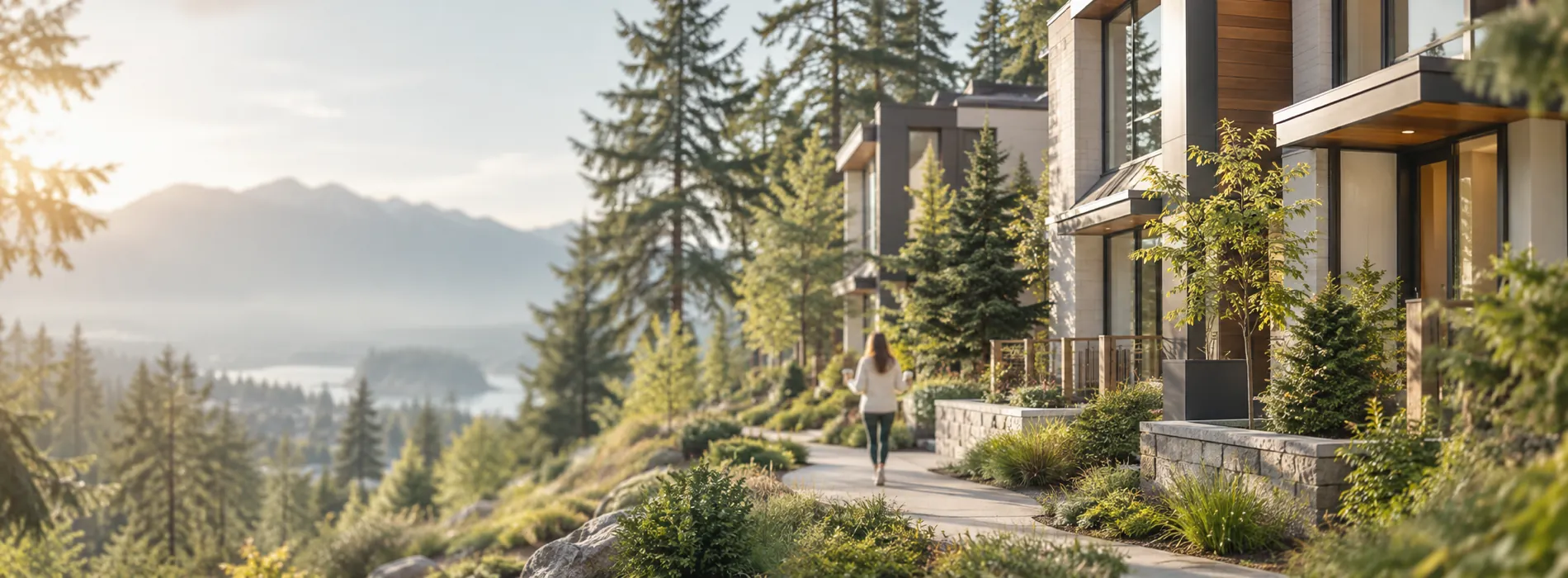 New townhome apartments among evergreen trees in soft morning light