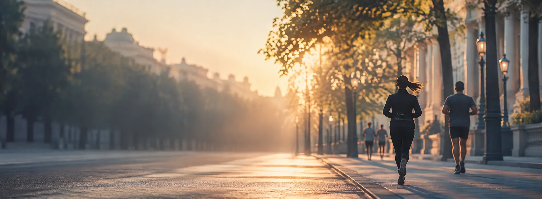 Joggers on a broad tree-lined avenue at dawn beside columned stone buildings