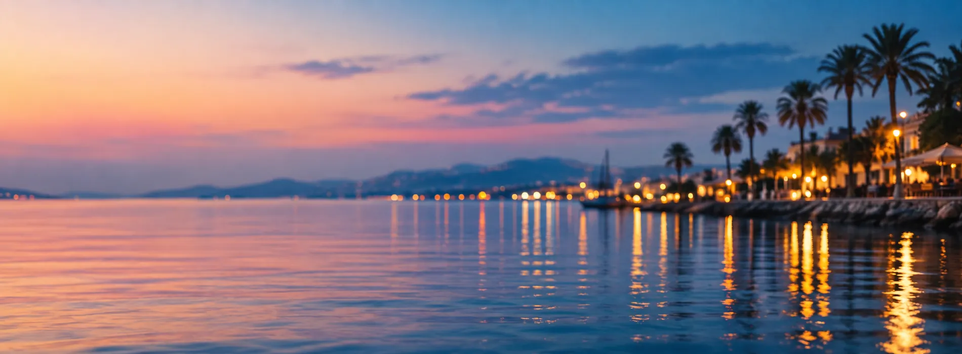 A palm-lined waterfront at dusk with warm lights reflecting on calm water