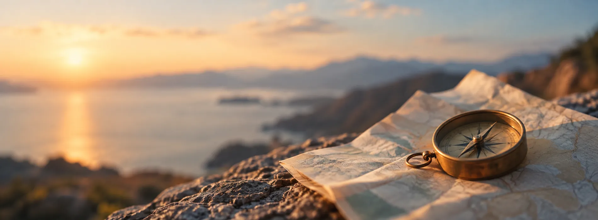 A brass compass on a folded paper map on a rocky ledge above the sea at sunset