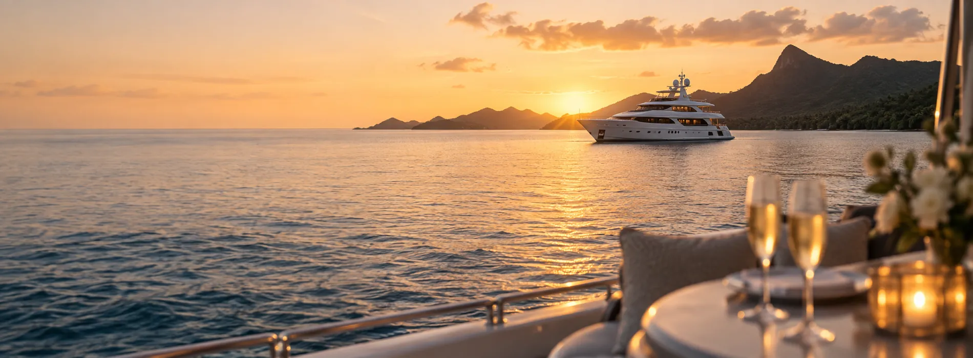 A private yacht at anchor off a tropical island at sunset, two glasses on a table in the foreground