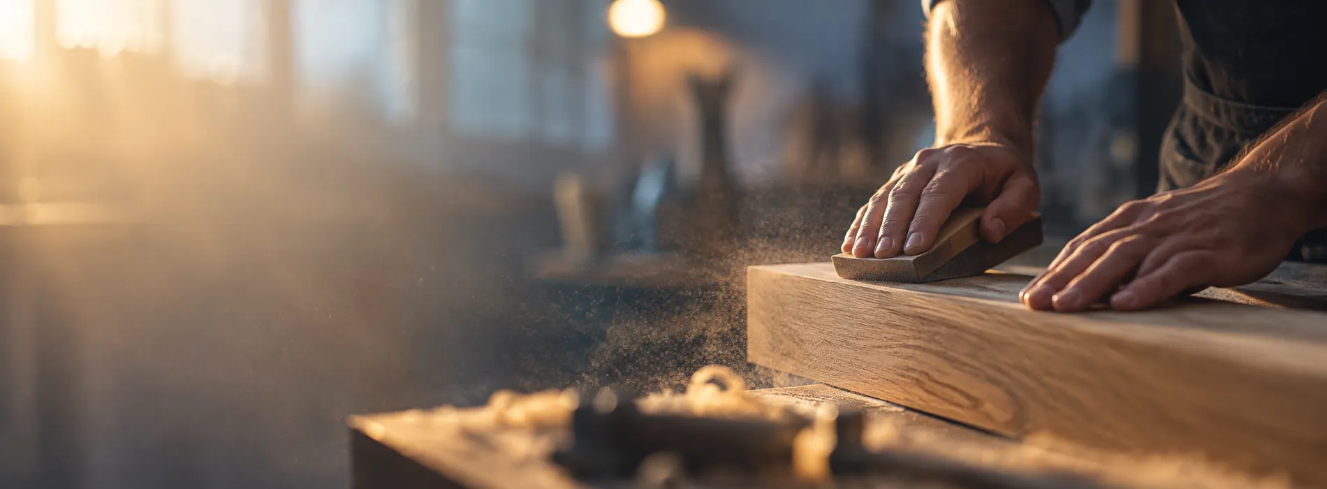 Hands sanding a piece of oak in a warm workshop, dust in the light