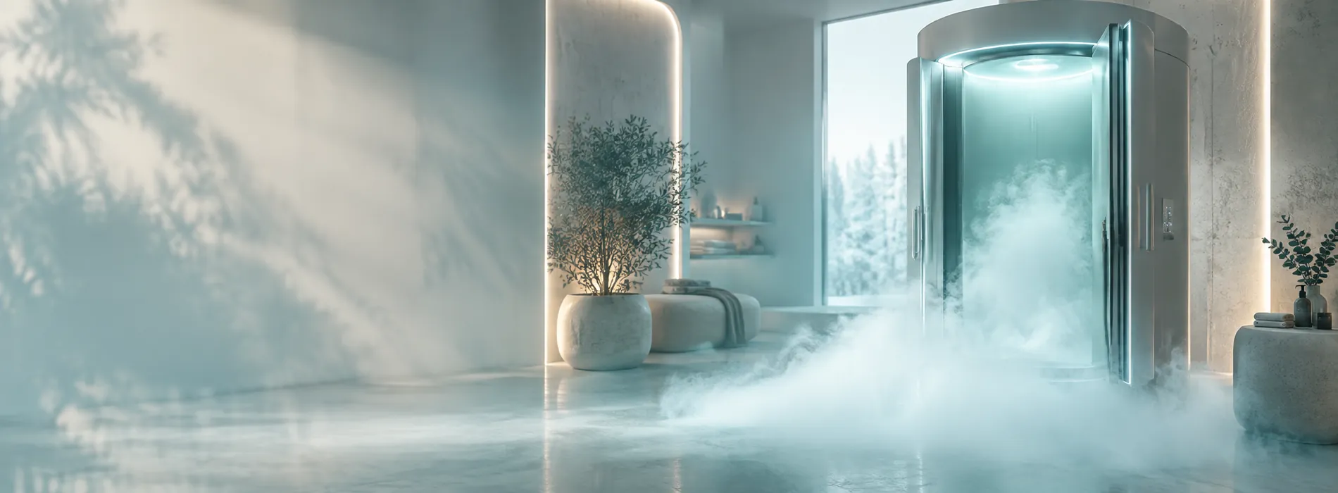 A cryotherapy chamber releasing white vapor in a calm teal studio