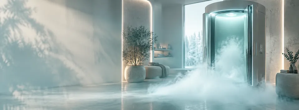 A cryotherapy chamber releasing white vapor in a calm teal studio