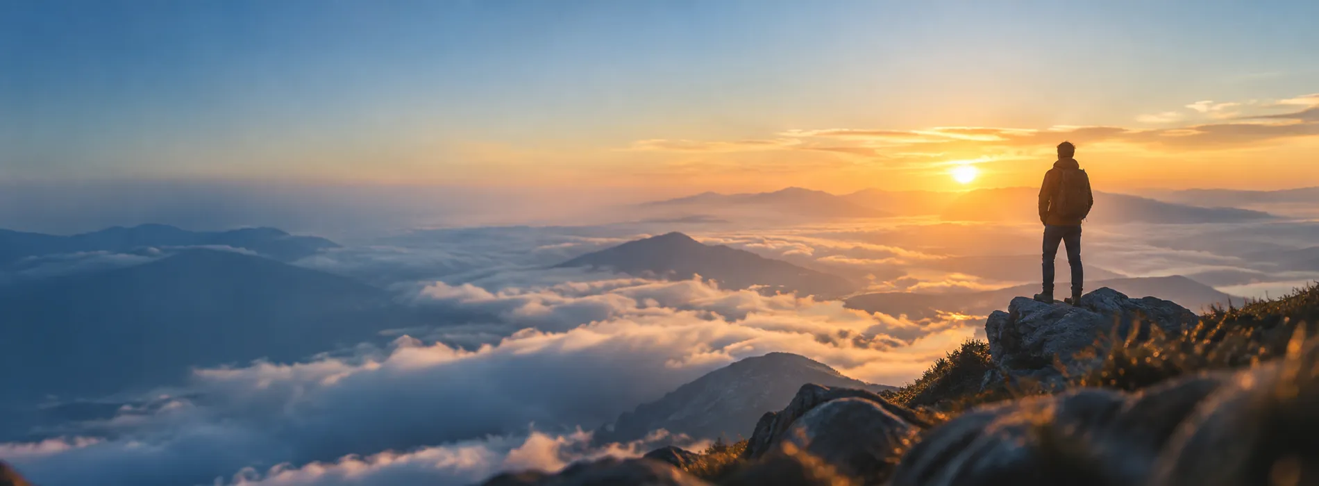 A hiker on a mountain ridge at dawn above a sea of clouds