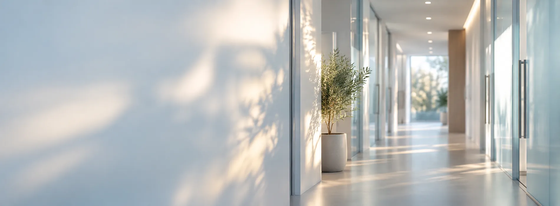 A bright, empty dental clinic corridor with frosted glass doors and a potted olive tree