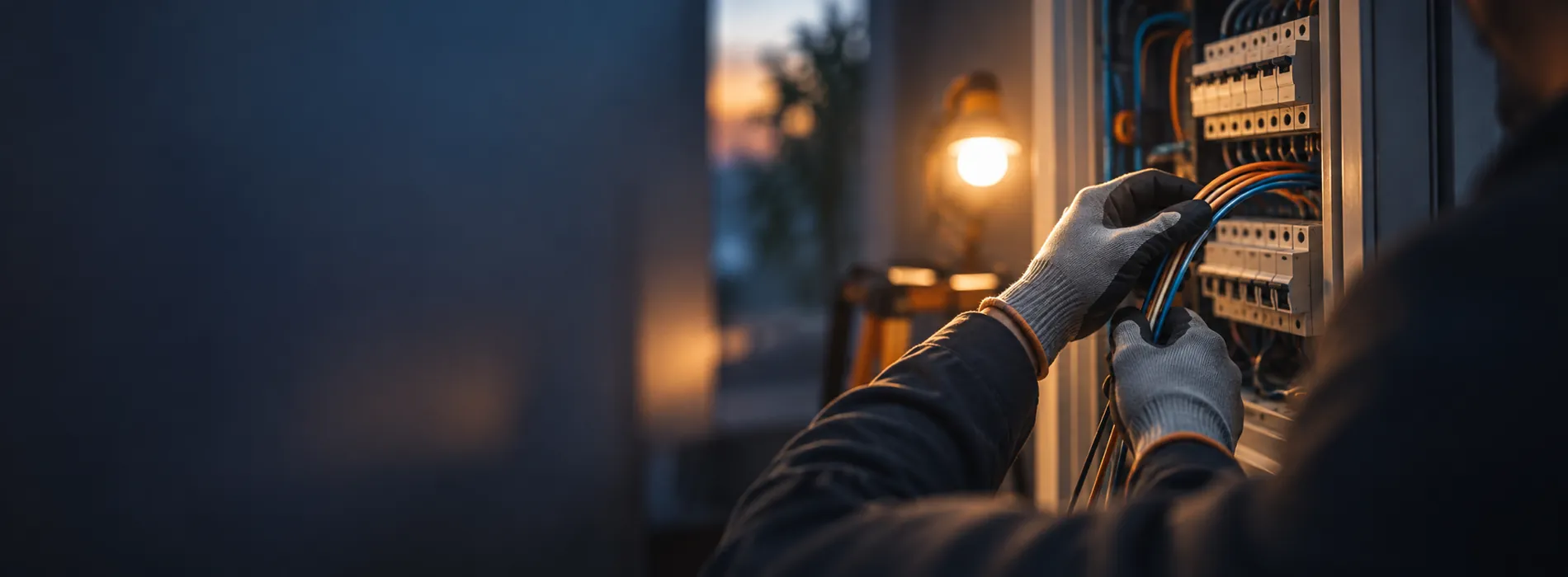 Gloved hands threading wires into an electrical panel under a warm work lamp