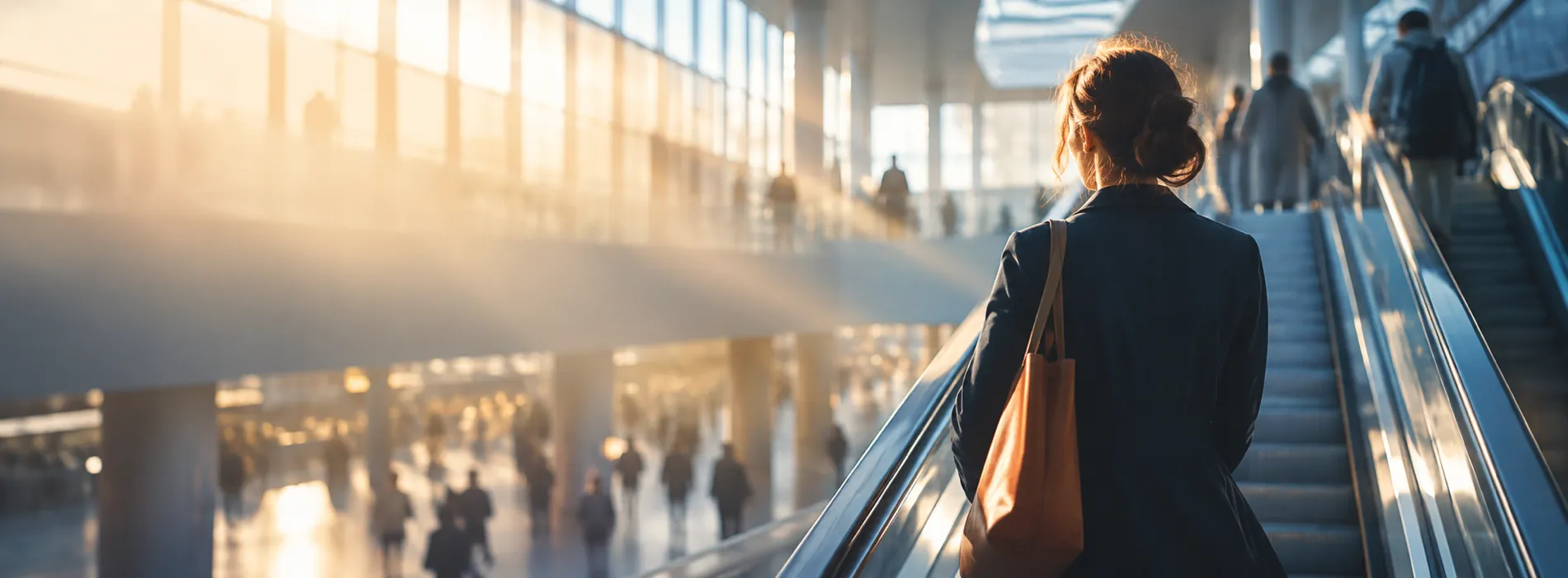A woman on an escalator in a bright transit hall, sunlight streaming through glass as travellers pass