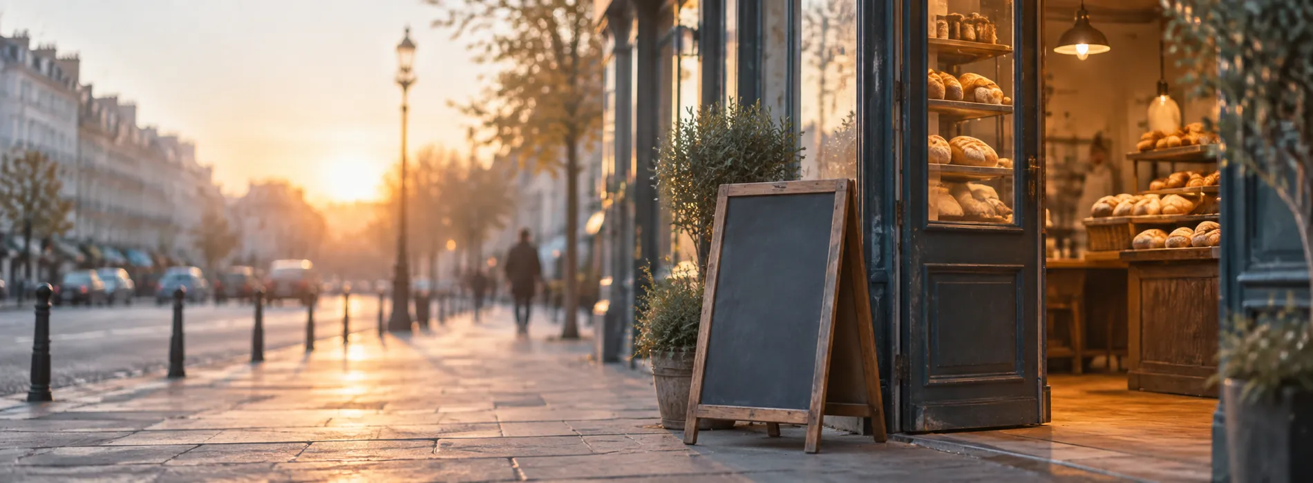 A bakery door open at sunrise with bread on the shelves and a blank chalkboard sign outside
