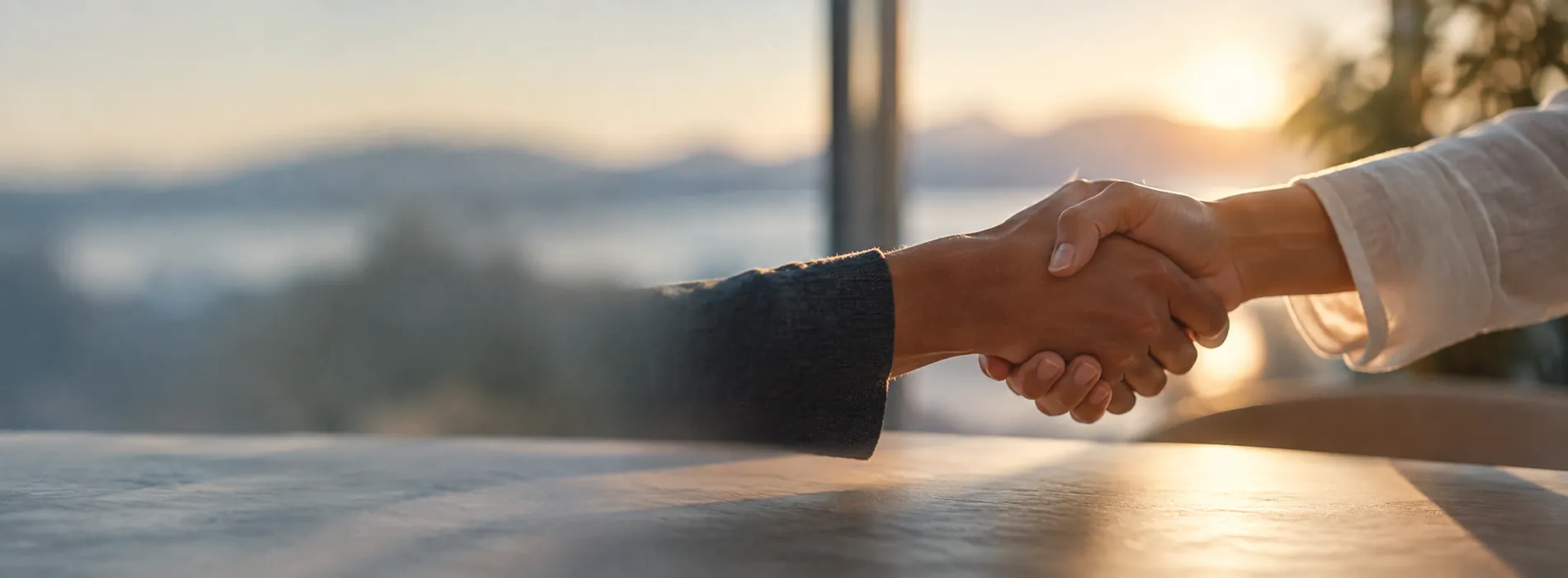Two hands in a relaxed handshake across a table in soft window light