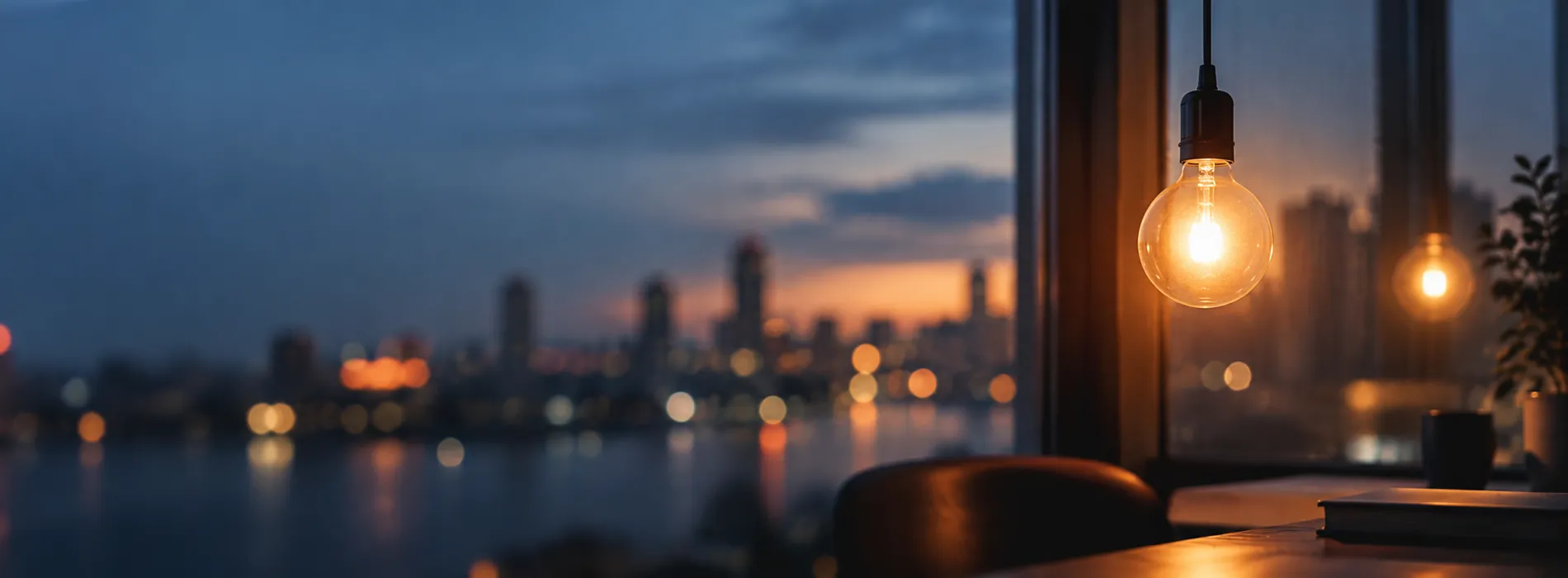 A glowing light bulb in a dark room by a window, the city at blue hour beyond