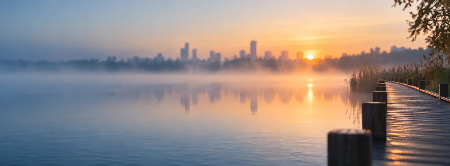 A misty lake at sunrise with a boardwalk and a faint city skyline on the horizon