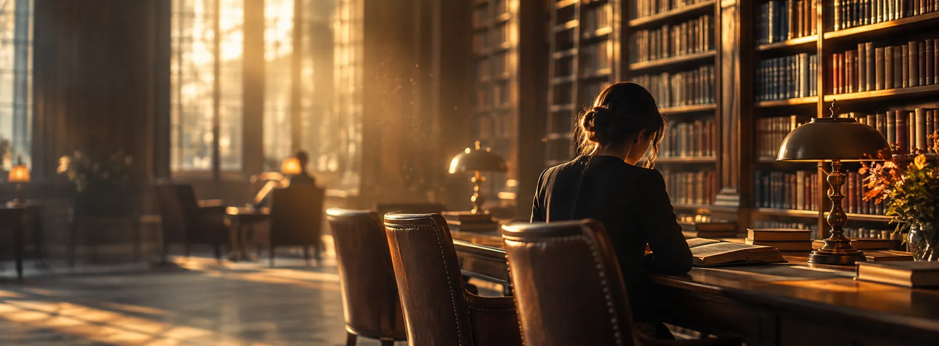 A woman reading at the long table of a law library at golden hour, leather chairs and shelves of books around her